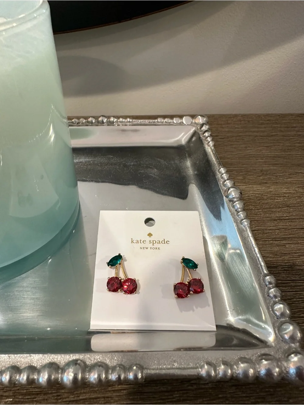 kate spade green leaf & red crystal cherry earrings
